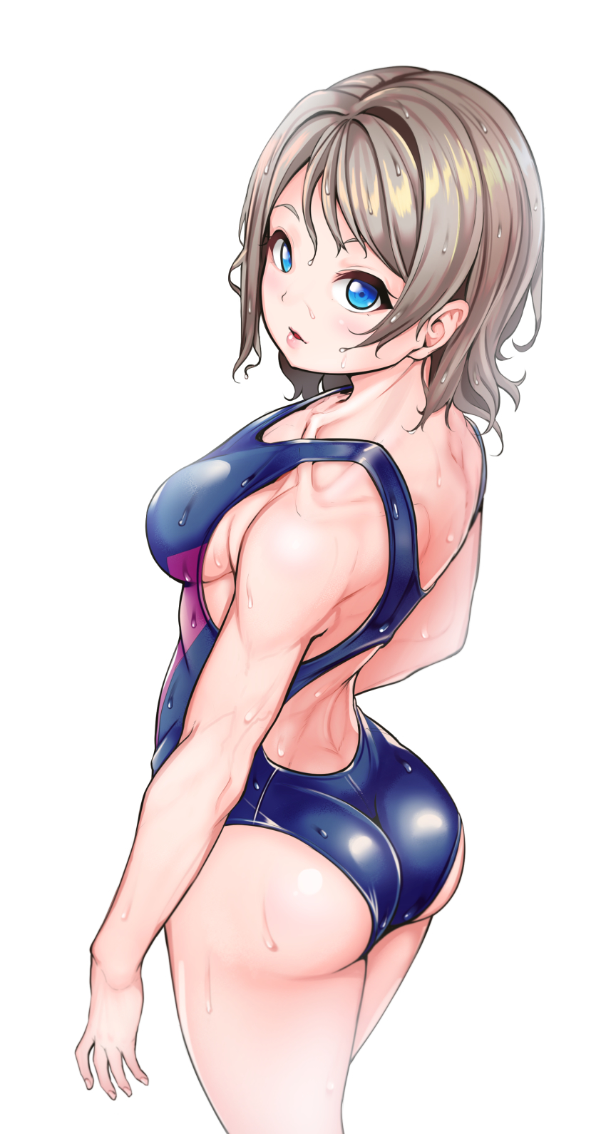 1girl, absurdres, arms_at_sides, ass, bare_shoulders, blue_eyes, blue_one-piece_swimsuit, blush