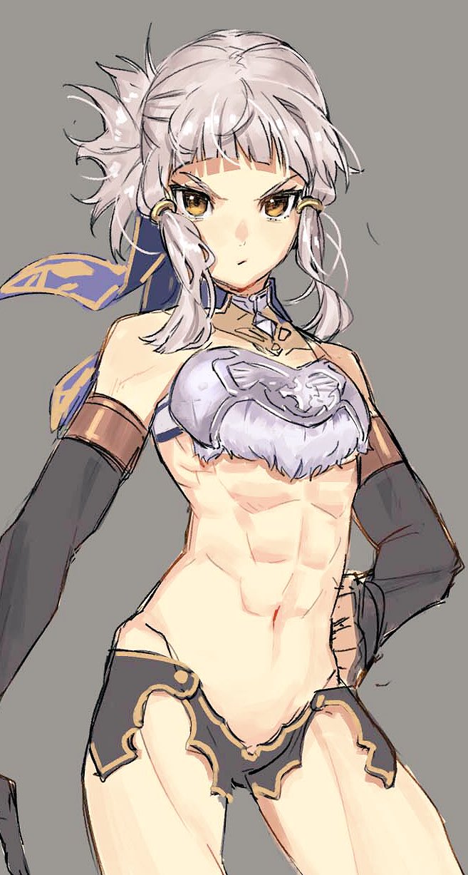 1girl, abs, armor, bare_shoulders, blue_ribbon, blunt_bangs, breasts, brown_eyes