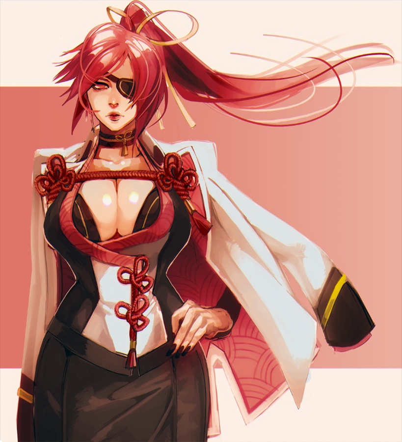 1girl, alternate_costume, alternate_hairstyle, amputee, artist_progress, baiken, black_choker, black_nails, black_skirt, breasts, choker, cleavage, eyepatch, female_focus, guilty_gear, hair_ribbon, hand_on_own_hip, jacket, jacket_on_shoulders, large_breasts, lips, looking_at_viewer, military, military_uniform, nail_polish, pencil_skirt, pink_eyes, ponytail, red_eyes, red_rope, revision, ribbon, riftka, rope, skirt, solo, standing