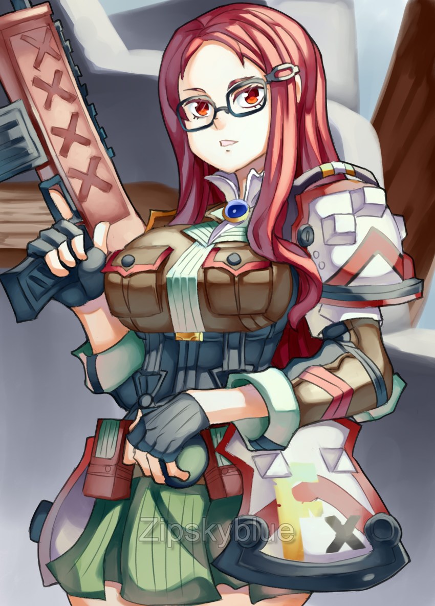 1girl, absurdres, armor, breast_pocket, breasts, female_focus, glasses, gloves