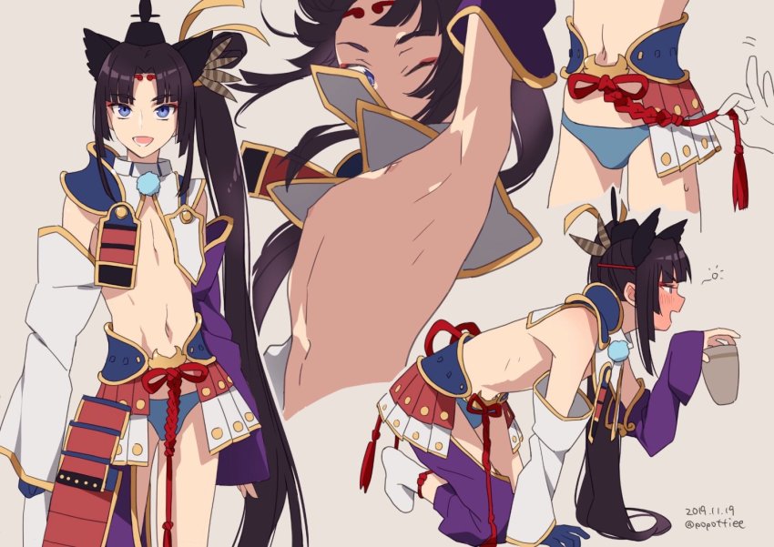 1boy, adapted_costume, arm_up, armor, armpits, asymmetrical_sleeves, blue_eyes, brown_hair