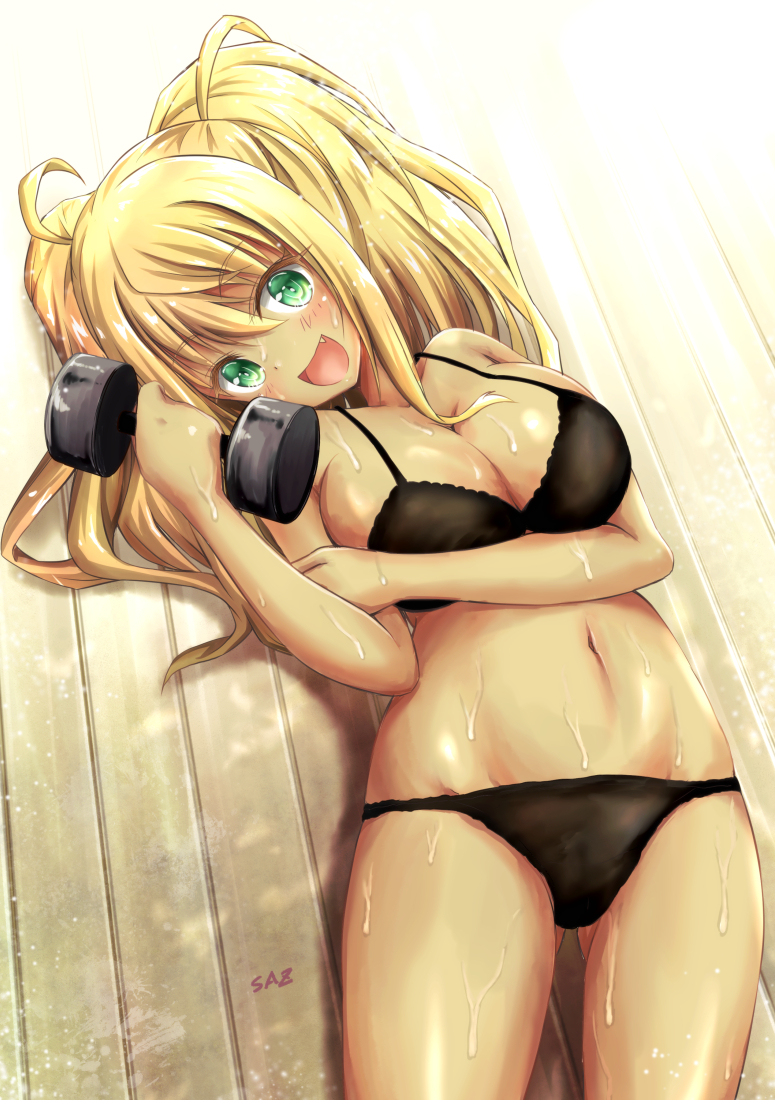 1girl, :d, artist_name, black_bra, black_panties, blonde_hair, bra, breasts