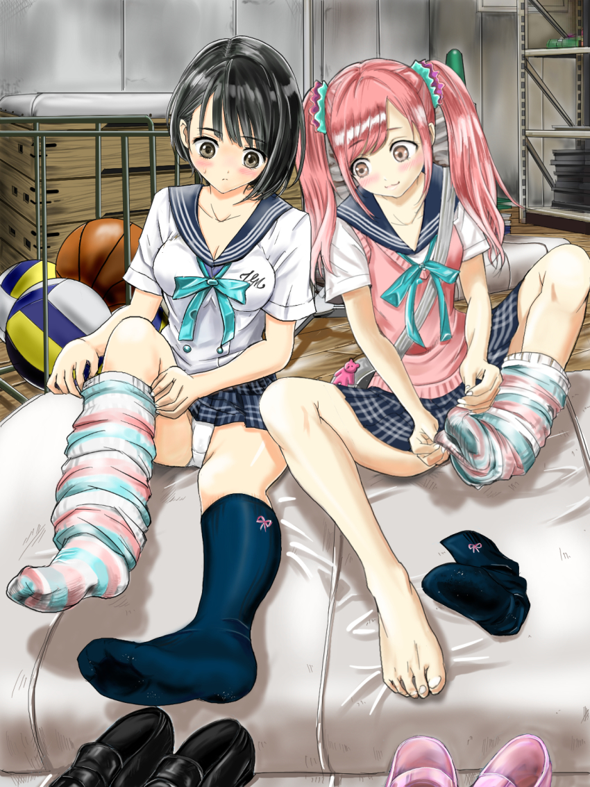 2girls, ball, basketball_(object), black_hair, black_shoes, blue_reflection_(series), blue_reflection_maboroshi_ni_mau_shoujo_no_ken, blue_socks