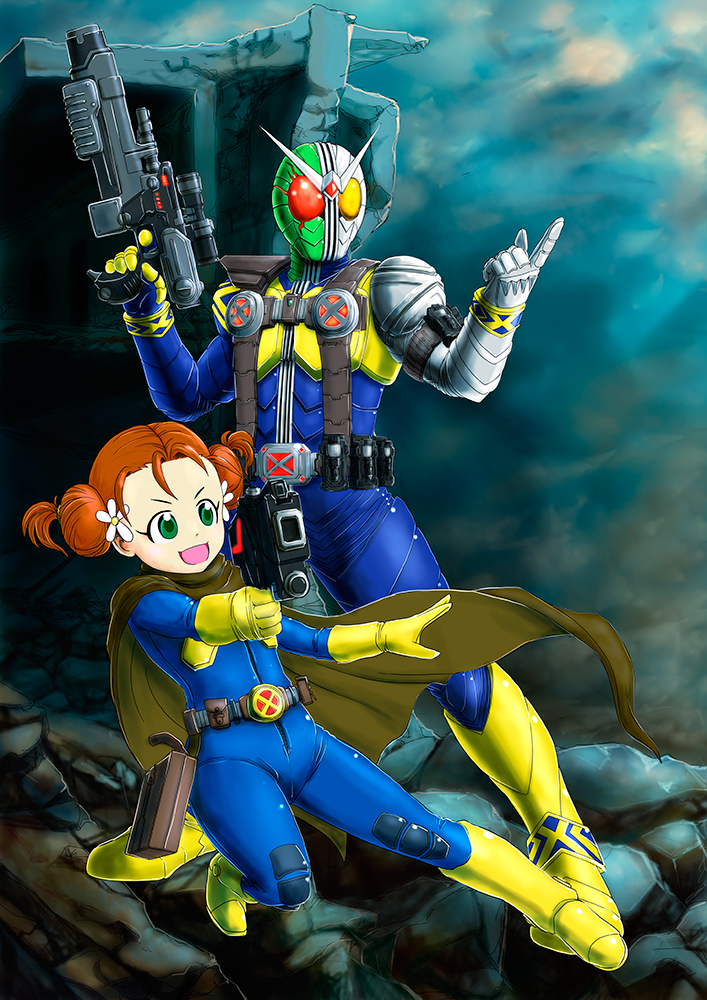 1boy, 1girl, boots, brown_hair, cable_(marvel), child, crossover, double_bun, green_eyes, gun, ha-chan_(precure), hair_bun, kamen_rider, kamen_rider_double, kamen_rider_w, mahou_girls_precure!, marvel, mayamaxxxx, precure, skin_tight, thigh_boots, thighhighs, weapon, x-men