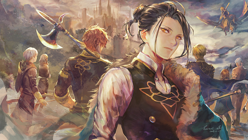 3girls, 5boys, annette_fantine_dominic, arrow_(projectile), ashe_ubert, black_hair, blonde_hair, blue_cape