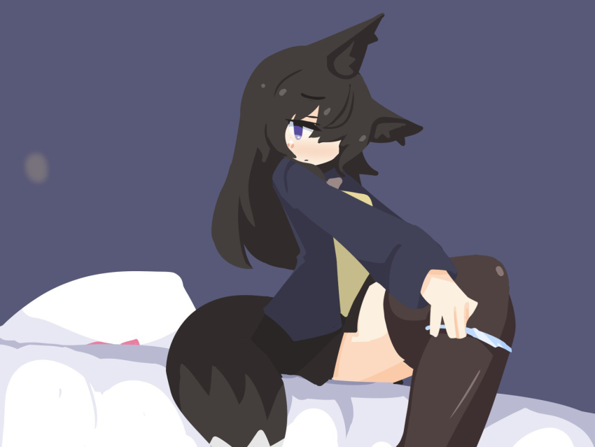 1girl, animal_ears, azaminn, big_o_pants, black_skirt, blush, brown_hair, brown_thighhighs, fox_ears, fox_girl, fox_tail, frown, highres, jacket, long_hair, on_bed, panties, panty_pull, pleated_skirt, purple_eyes, simple_background, skirt, striped_clothes, striped_panties, tail, thighhighs, underwear