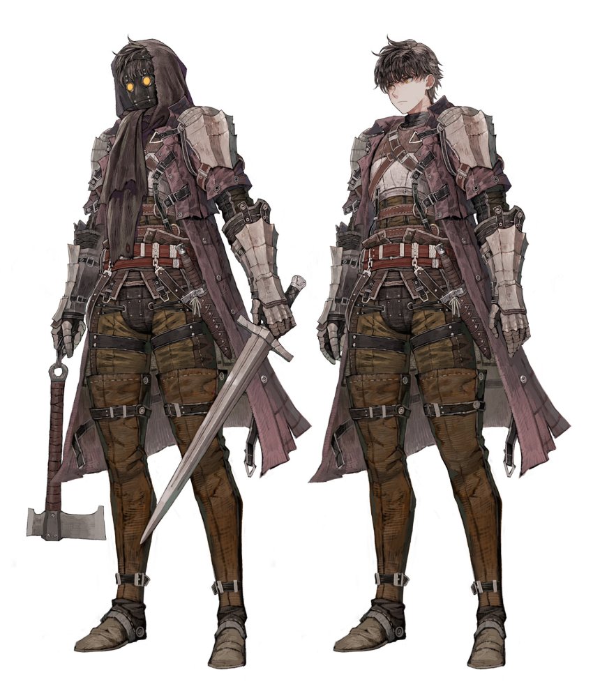 1boy, armor, axe, belt, black_hair, reference_sheet, cloak, executioner_(seojh1029), harten_sieg_filbrio, highres, holding, hood, jun_(navigavi), looking_at_viewer, male_focus, mask, original, simple_background, solo, sword, weapon, white_background, yellow_eyes