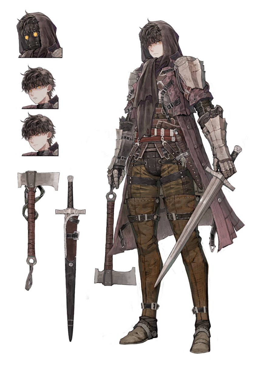 1boy, armor, axe, belt, black_hair, reference_sheet, cloak, executioner_(seojh1029), multiple_expressions, harten_sieg_filbrio, highres, holding, hood, jun_(navigavi), looking_at_viewer, male_focus, mask, multiple_views, original, simple_background, sword, weapon, white_background, yellow_eyes