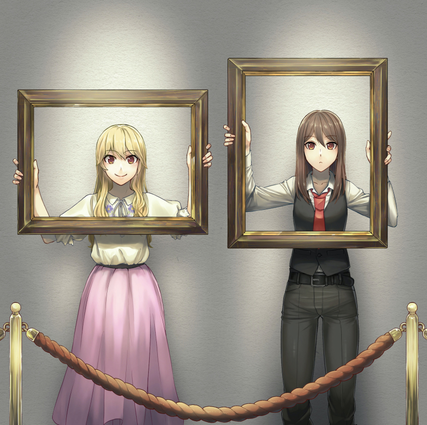 2girls, alternate_costume, alternate_eye_color, alternate_hair_length, alternate_hairstyle, belt, black_belt, black_pants