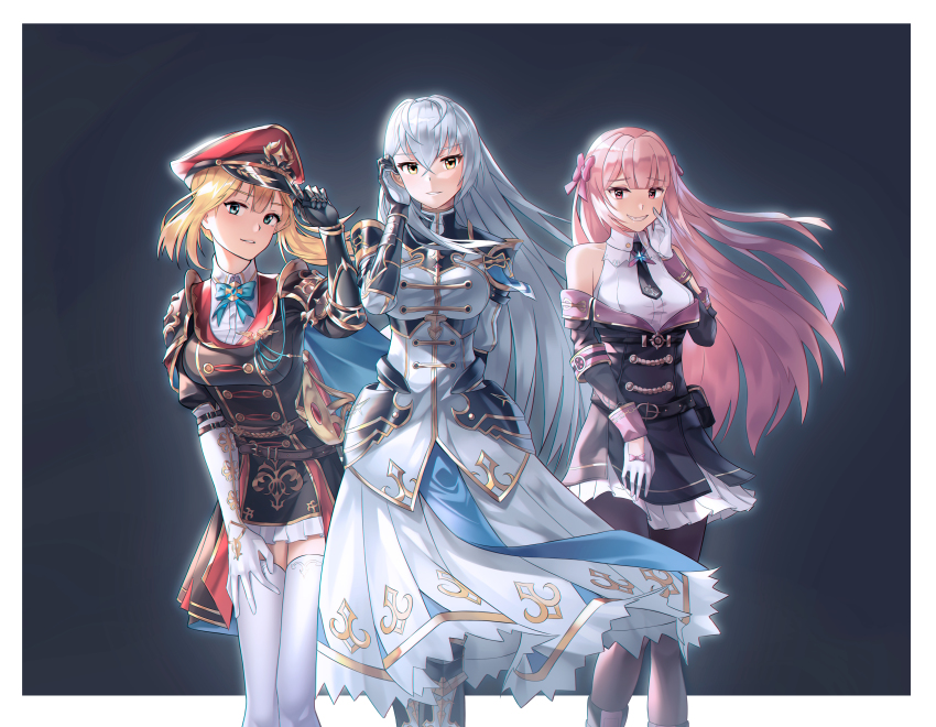 3girls, absurdres, aqua_eyes, armband, armor, armored_boots, bare_shoulders, belt