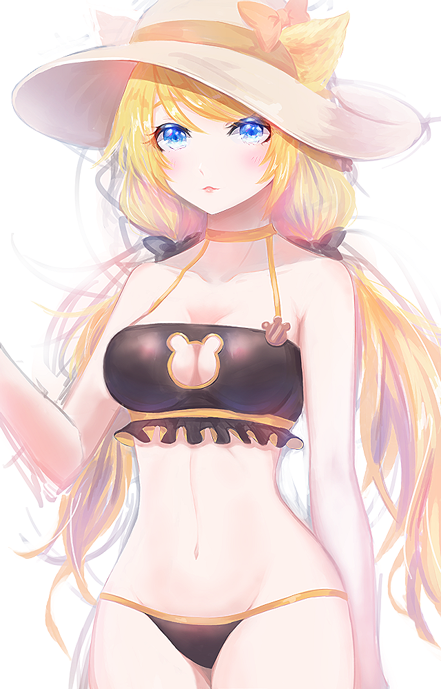 1girl, akan817, animal_ears, bad_id, bad_pixiv_id, bare_shoulders, black_bra, black_panties, blonde_hair, blue_eyes, bow, bra, cat_ears, choker, cleavage_cutout, clothing_cutout, collarbone, cowboy_shot, ears_through_headwear, female_focus, frilled_bra, frills, groin, hair_bow, halterneck, hat, hat_bow, king's_raid, long_hair, looking_at_viewer, low_twintails, navel, panties, rodina_(king's_raid), simple_background, solo, stomach, sun_hat, twintails, underwear, very_long_hair, white_background
