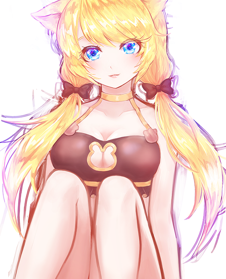 1girl, akan817, animal_ears, bad_id, bad_pixiv_id, bare_shoulders, black_bra, blonde_hair, blue_eyes, bow, bra, breasts, cat_ears, choker, cleavage, cleavage_cutout, clothing_cutout, collarbone, female_focus, hair_bow, hair_over_shoulder, halterneck, king's_raid, knees_up, large_breasts, long_hair, looking_at_viewer, low_twintails, rodina_(king's_raid), simple_background, sitting, solo, swimsuit, twintails, underwear, underwear_only, white_background