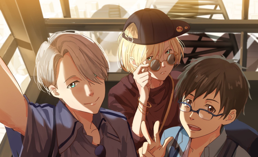 3boys, backpack, bag, baseball_cap, black_hair, blonde_hair, blue-framed_eyewear, blue_eyes