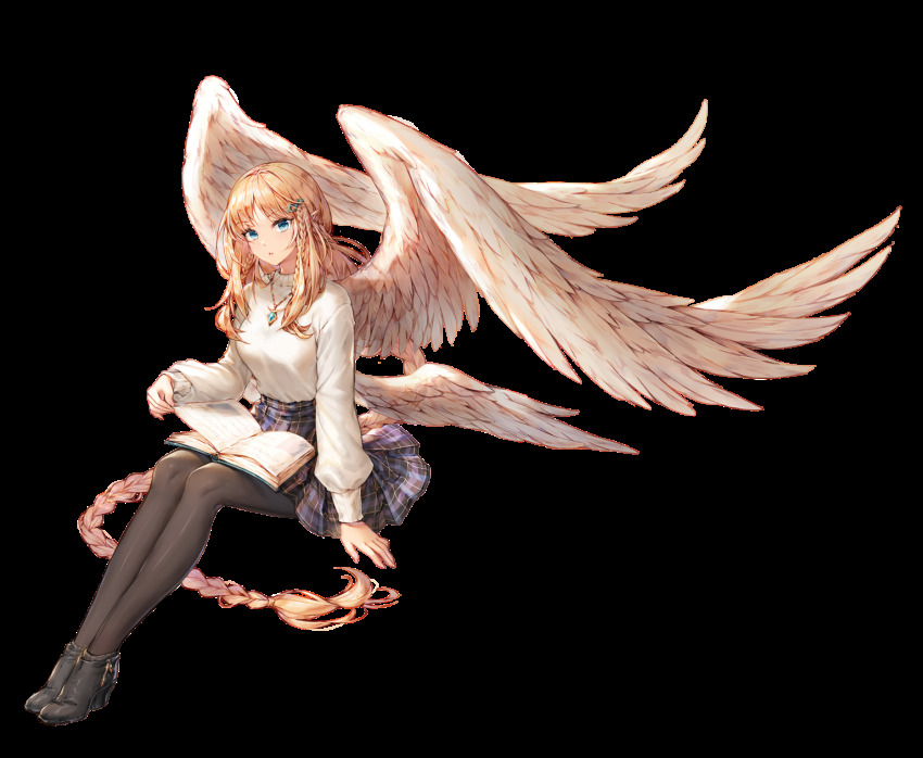 1girl, absurdly_long_hair, angel, angel_wings, aselica, black_pantyhose, black_shoes, black_skirt