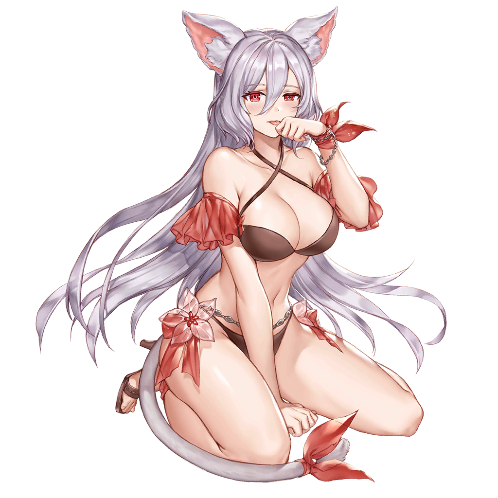 1girl, animal_ear_fluff, animal_ears, bare_shoulders, between_legs, bikini, black_bikini, breasts