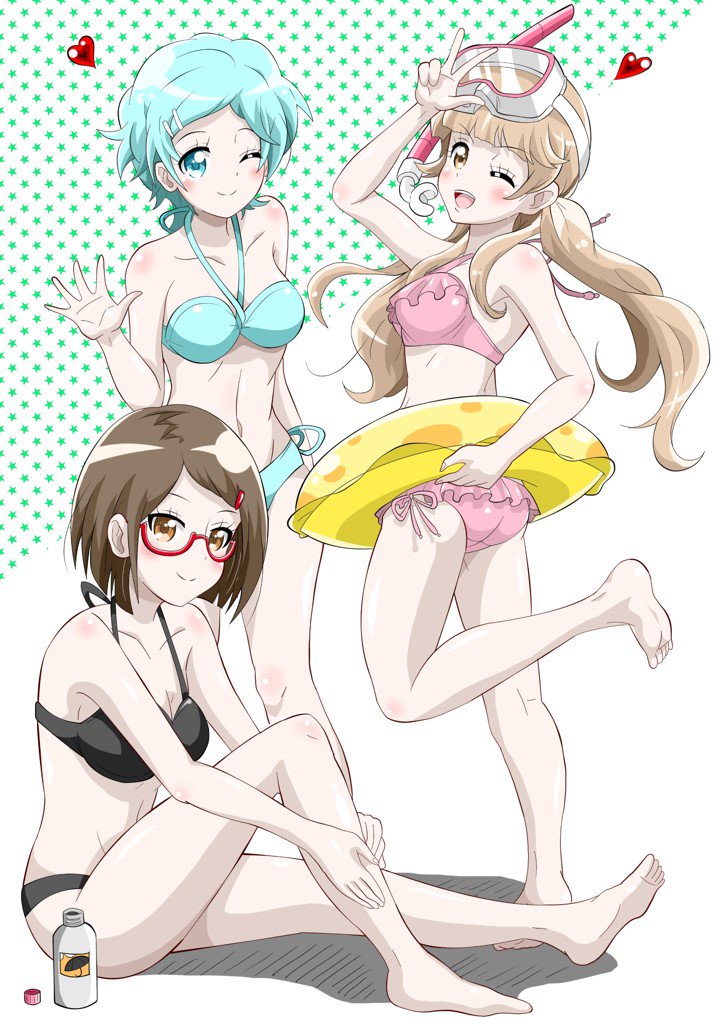 3girls, ;), ;d, barefoot, bikini, black_bikini, blue_bikini, blue_eyes