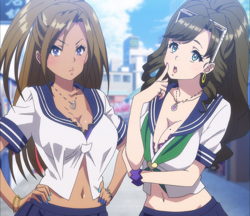 2girls, anime_screenshot, aqua_eyes, black_hair, breasts, cleavage, dark-skinned_female, dark_skin