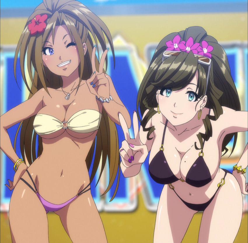 2girls, anime_screenshot, aqua_eyes, bikini, black_hair, breasts, cleavage, dark-skinned_female, dark_skin, gyaru, half_up_half_down_hairstyle, hand_on_own_hip, high_ponytail, highres, kandagawa_jet_girls, large_breasts, leaning_forward, long_hair, looking_at_viewer, midorikawa_yuzu, mole, mole_on_breast, multiple_girls, nail_polish, navel, one_eye_closed, ponytail, shiraishi_manatsu, smile, standing, stitched, sujimori_hairstyle, swimsuit, tan, third-party_edit, underboob, v, wink