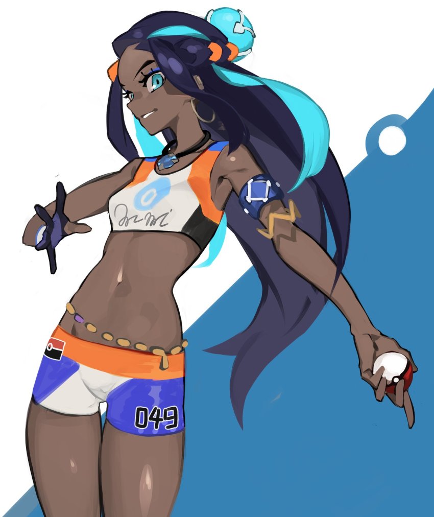 1girl, armlet, armpits, balance_(superdust), belly_chain, black_hair, blue_eyes, blue_hair