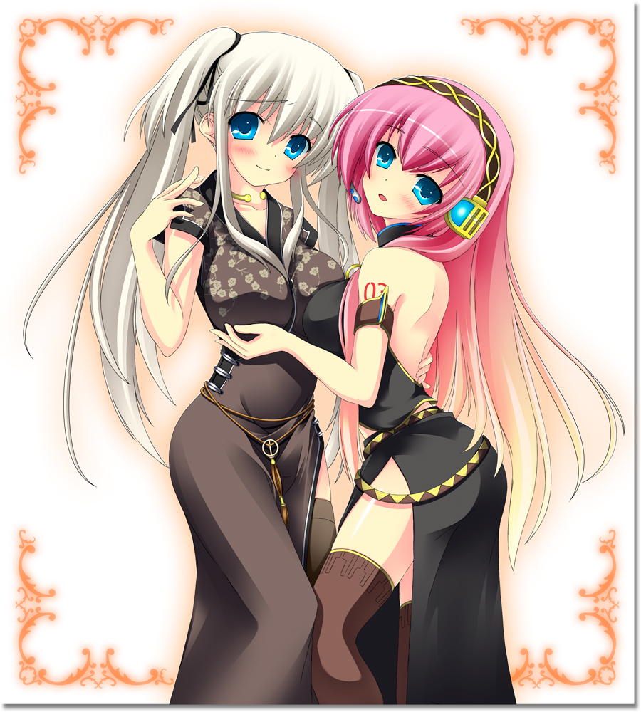 2girls, aqua_eyes, blue_eyes, blush, breasts, crossover, headset, large_breasts
