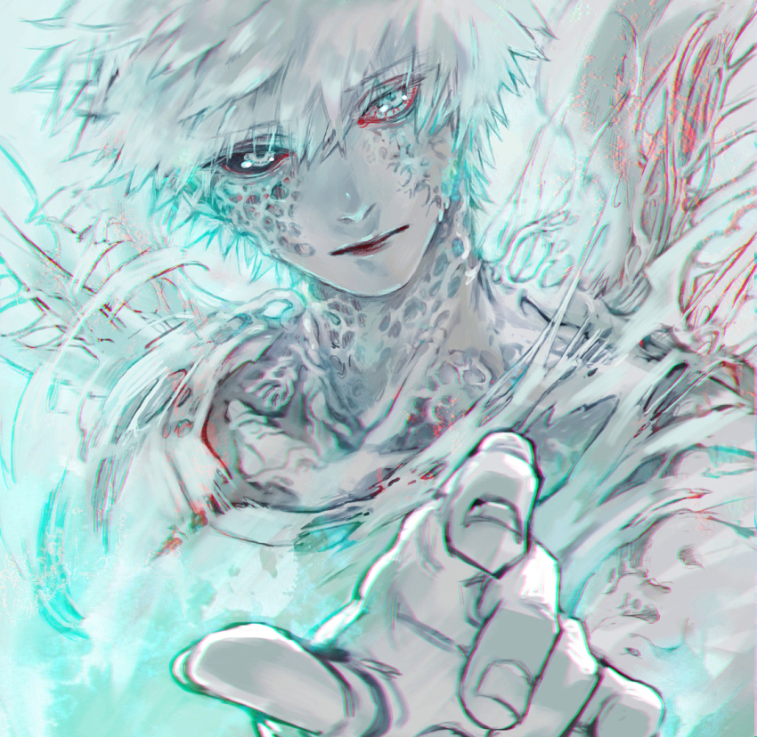 1boy, black_sclera, cancer_cell_(hataraku_saibou), chromatic_aberration, closed_mouth, colored_sclera, decompression, hataraku_saibou, koujima_shikasa, looking_at_viewer, male_focus, mismatched_sclera, reaching, reaching_towards_viewer, shirt, solo, t-shirt, torn_clothes, upper_body, veins, white_eyes, white_hair, white_shirt, white_theme