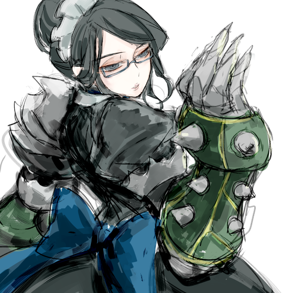 1girl, armor, armored_dress, black_eyes, black_hair, black_skirt, blue_bow, bow