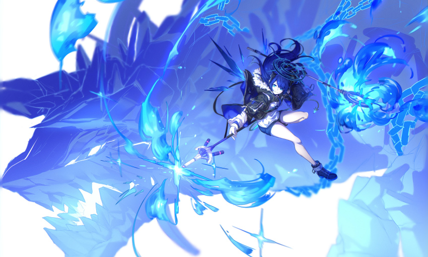 1girl, absurdres, arknights, blue_eyes, blue_footwear, blue_hair, blue_theme, commentary_request