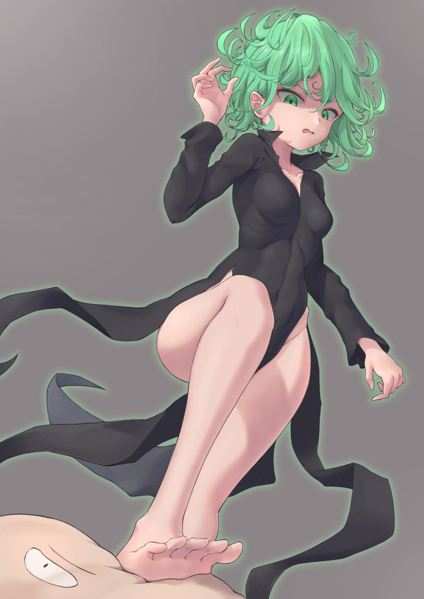 1girl, absurdres, barefoot, black_dress, breasts, clothes_between_thighs, collarbone, commentary_request, curly_hair, dress, feet, female_focus, green_eyes, green_hair, grey_background, hair_between_eyes, highres, long_sleeves, looking_at_viewer, miso_(b7669726), no_panties, one-punch_man, open_mouth, saitama_(one-punch_man), scowl, short_hair, simple_background, small_breasts, soles, solo, tatsumaki, toes