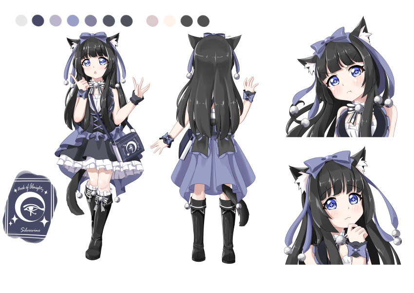 +_+, 1girl, :3, :o, absurdres, animal_ear_fluff, animal_ears, back, bag, bell, black_hair, blue_eyes, blunt_bangs, blush, book, boots, bow, cat_ears, cat_tail, child, collar, color_guide, dress, eyelashes, female_focus, finger_to_own_chin, frills, from_behind, frown, gothic_lolita, hair_bow, hair_ribbon, highres, lolita_fashion, long_hair, looking_at_viewer, multiple_views, neck_bell, neko_kizuna, open_mouth, original, paint_palette, pointing, pout, ribbon, shoulder_bag, simple_background, standing, strap, symbol-shaped_pupils, tachi-e, tail, thigh_boots, thighhighs, v-shaped_eyebrows, white_background