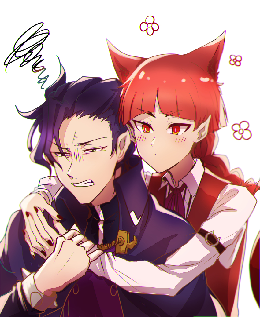 10s, 1boy, 1other, absurdres, androgynous, animal_ears, arm_grab, blunt_bangs