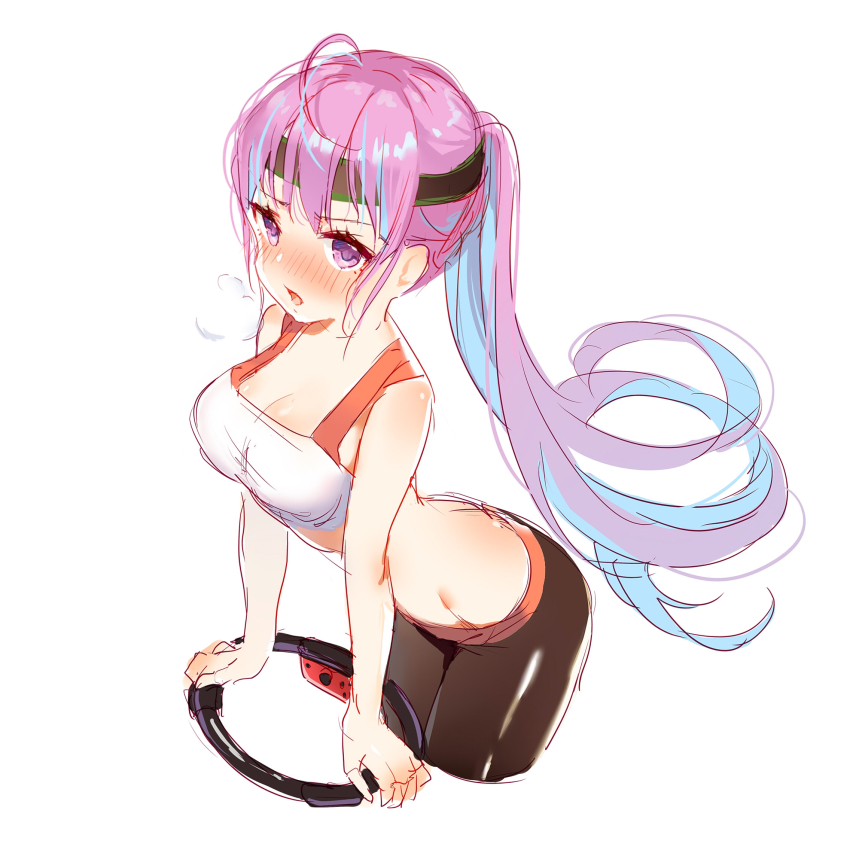 1girl, ahoge, bare_legs, bare_shoulders, bike_shorts, black_shorts, blue_hair, blush, breasts, breath, cleavage, colored_inner_hair, commentary, cropped_legs, english_commentary, female_focus, game_controller, headband, highres, hololive, joy-con, leaning_forward, long_hair, medium_breasts, minato_aqua, multicolored_hair, nose_blush, parted_lips, pink_hair, ponytail, purple_eyes, ring-con, ring_fit_adventure, shorts, simple_background, sketch, solo, sports_bra, streaked_hair, sweat, sylvia_(fnlhfe9dl1dmu3s), v-shaped_eyebrows, very_long_hair, virtual_youtuber, white_background