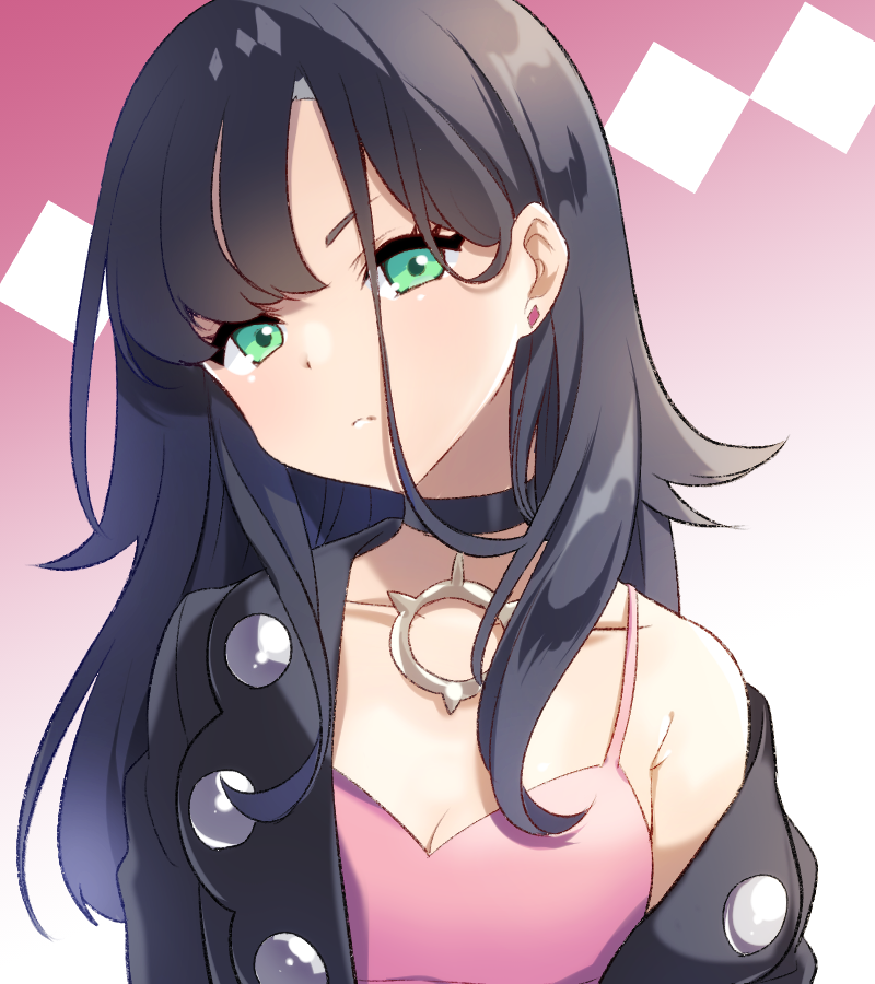 1girl, alternate_hairstyle, black_hair, blouse, breasts, choker, cleavage, dress, earrings, female_focus, green_eyes, hair_down, head_tilt, jewelry, long_hair, marnie_(pokemon), miyahana_yu_(artist), nintendo, off-shoulder_jacket, off_shoulder, pink_shirt, pokemon, pokemon_sword_and_shield, shirt, sleeveless, sleeveless_shirt, solo