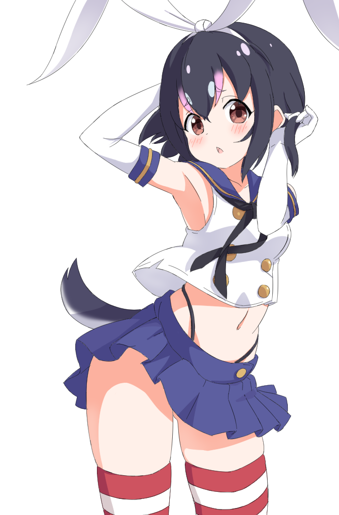 1girl, armpits, arms_up, black_hair, black_panties, blue_skirt, blush, brown_eyes