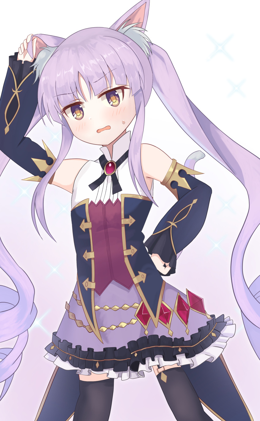 1girl, absurdres, animal_ear_fluff, animal_ears, bare_shoulders, black_sleeves, black_thighhighs, blush