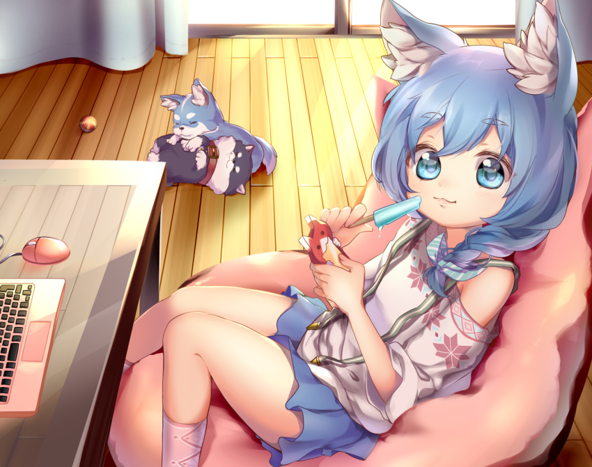1girl, animal, animal_ear_fluff, animal_ears, ball, bare_shoulders, blue_eyes, blue_hair, blue_skirt, braid, cellphone, closed_mouth, computer, curtains, day, diagonal_stripes, food, glass_table, hair_ribbon, highres, holding, holding_food, holding_phone, indoors, ken_pyatsu, koyomi_(shironeko_project), laptop, long_hair, looking_at_viewer, miniskirt, computer_mouse, off-shoulder_shirt, off_shoulder, phone, pink_legwear, pleated_skirt, popsicle, ribbon, shironeko_project, shirt, skirt, smile, socks, striped_ribbon, sunlight, table, tarou_(shironeko_project), thick_eyebrows, white_shirt, window, wolf, wolf_ears, wooden_floor