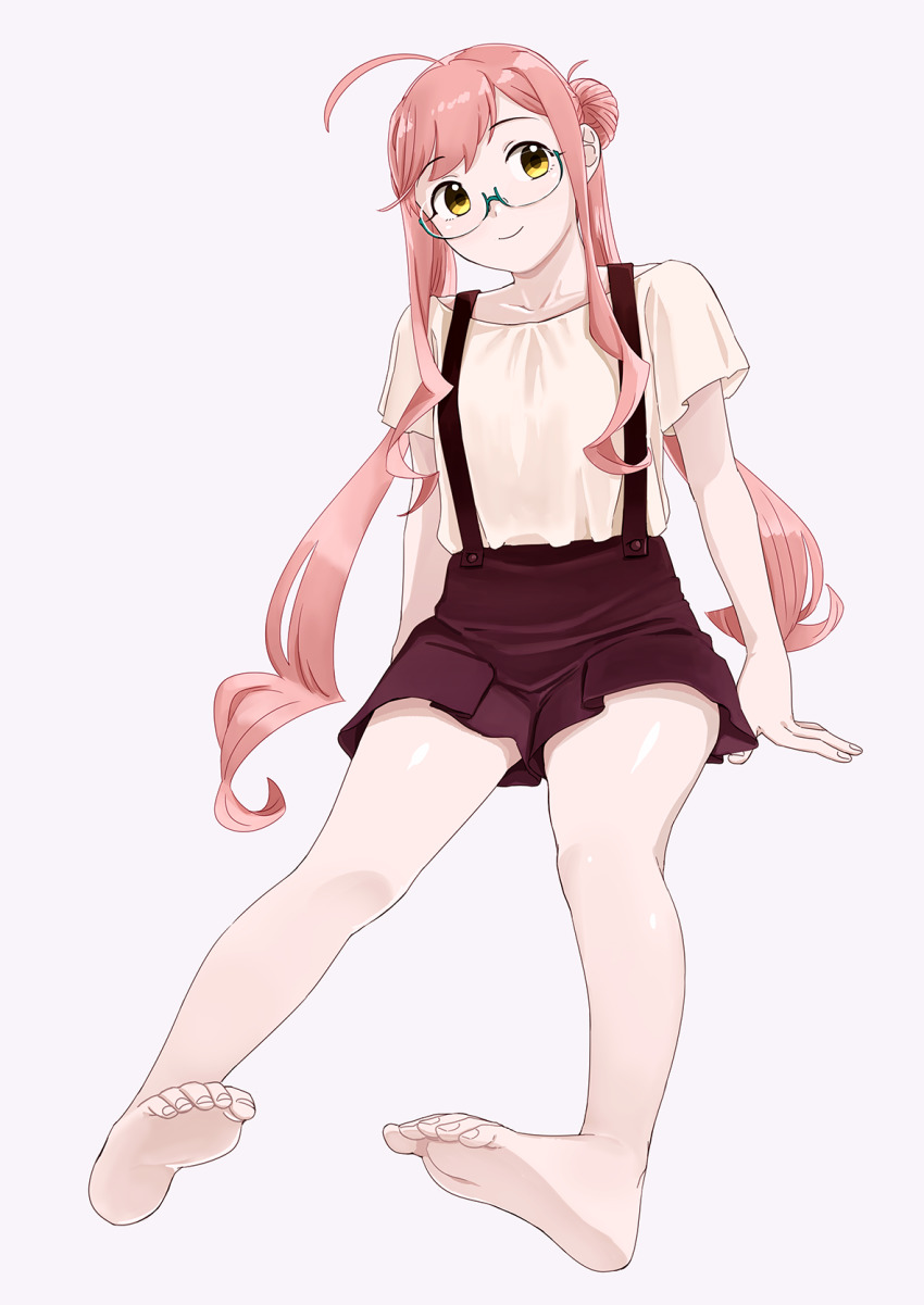 1girl, ahoge, alternate_costume, barefoot, blouse, brown_skirt, casual, collarbone, double_bun, female_focus, flat_chest, full_body, glasses, grey_background, hair_bun, highres, kantai_collection, long_hair, looking_at_viewer, makigumo_(kancolle), makigumo_(ruysdael)_(kancolle), ojipon, pink_hair, pleated_skirt, shirt, simple_background, sitting, skirt, smile, solo, suspender_skirt, suspenders, twintails, white_shirt, yellow_eyes