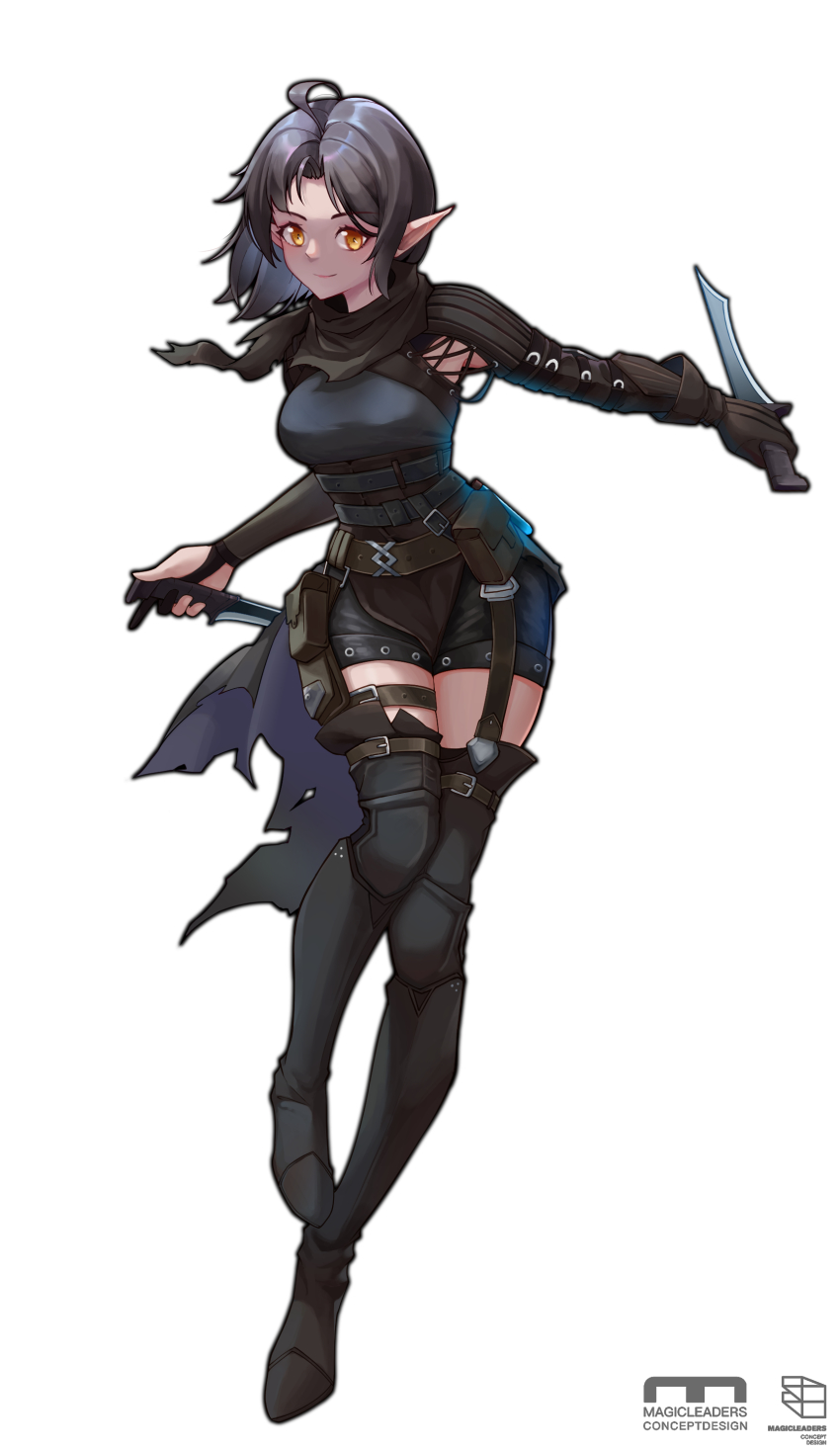 1girl, absurdres, ahoge, black_boots, black_hair, black_thighhighs, boots, breasts