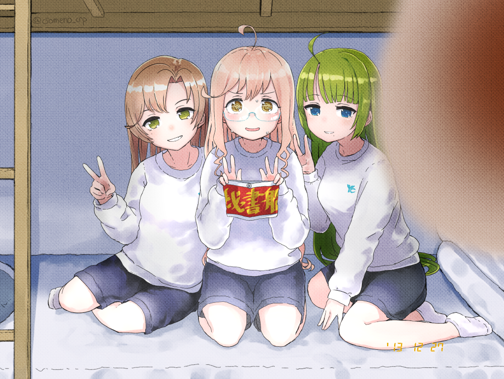 3girls, ahoge, akigumo_(kancolle), ankle_socks, armband, bed, blue_eyes, blurry