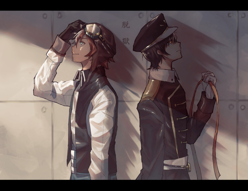 2boys, absurdres, aviator_cap, black_gloves, black_hair, black_headwear, blue_eyes, brown_hair