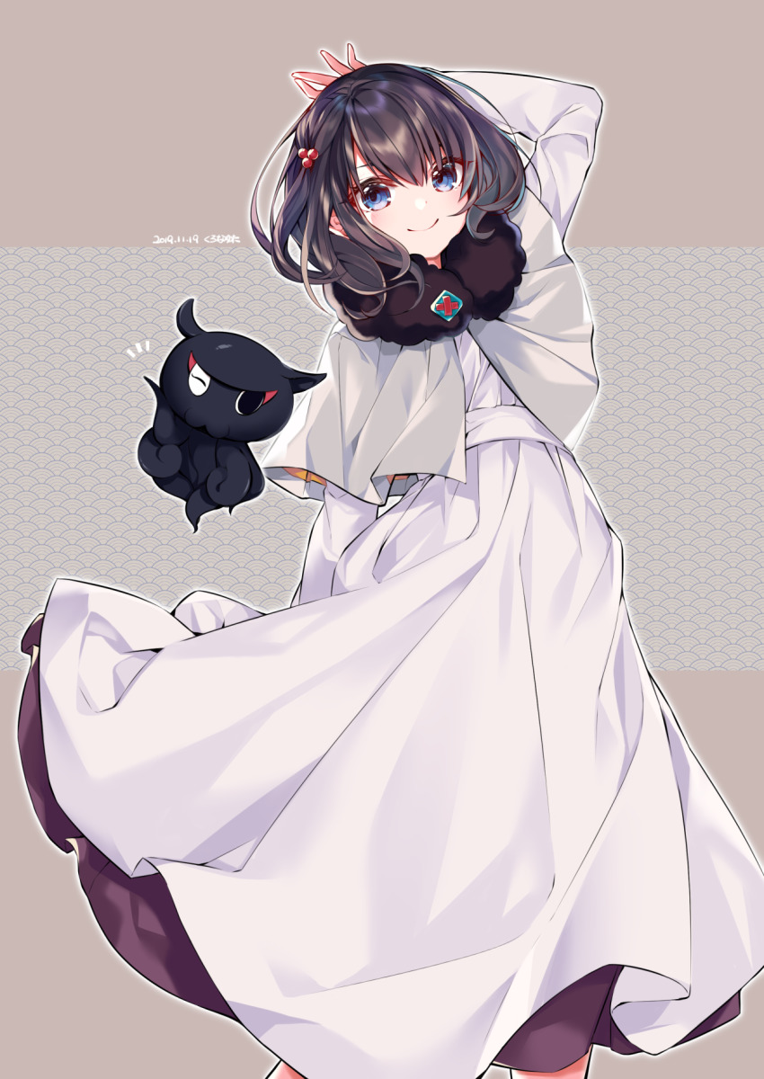 1girl, blue_eyes, blush, breasts, capelet, chrono_(himadon), closed_mouth, dated