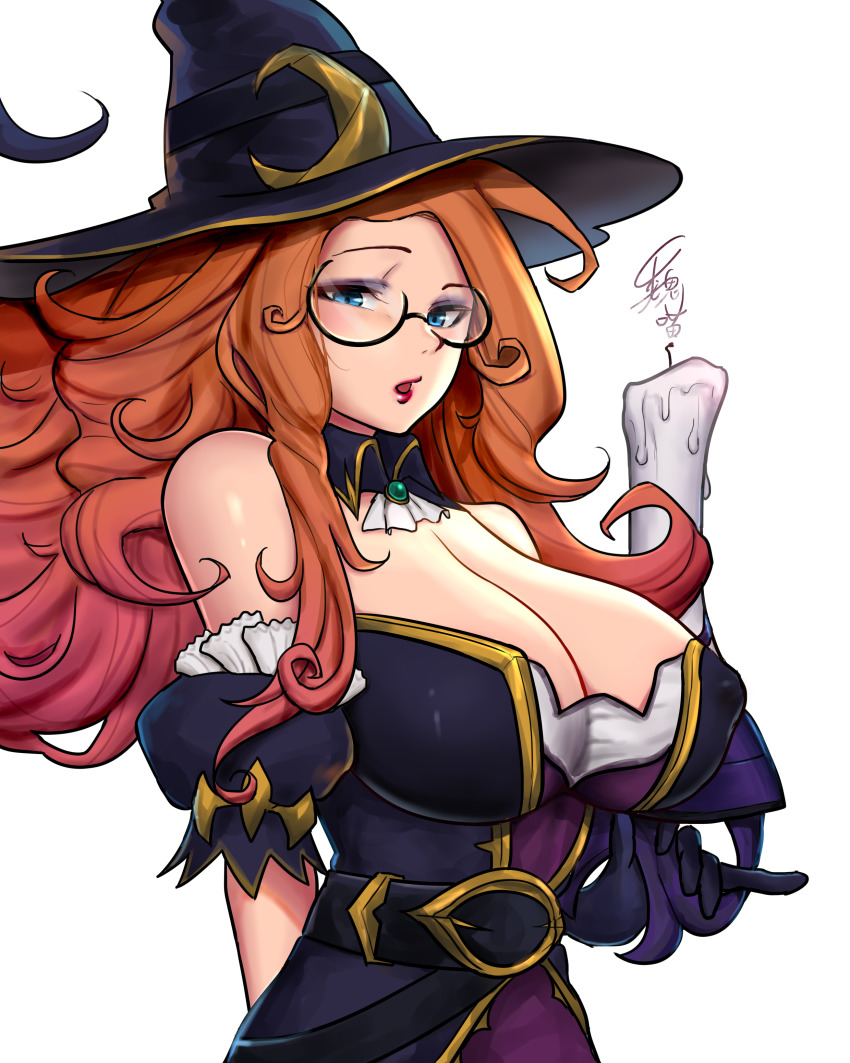 1girl, absurdres, alternate_costume, alternate_weapon, belt, bespectacled, bewitching_miss_fortune, big_hair, black-framed_eyewear, black_gloves, blue_eyes, breasts, candle, cleavage, commentary_request, covered_erect_nipples, detached_collar, detached_sleeves, eyeshadow, female_focus, glasses, gloves, gun, handgun, hat, highres, large_breasts, league_of_legends, lipstick, long_hair, makeup, miss_fortune_(league_of_legends), orange_hair, semi-rimless_eyewear, solo, under-rim_eyewear, weapon, wei_miao, witch, witch_hat