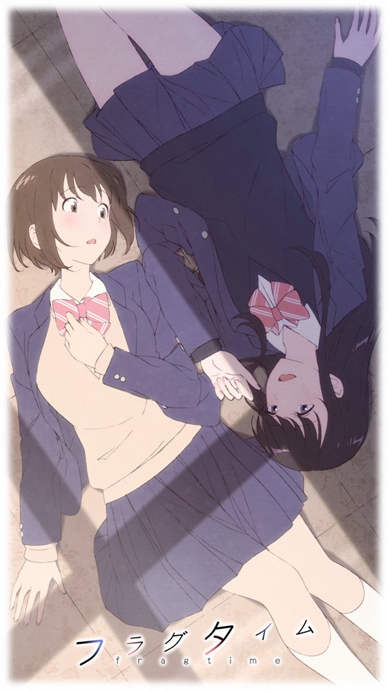 2girls, :o, copyright_name, fragtime, hand_on_own_chest, key_kun, long_hair, looking_at_another