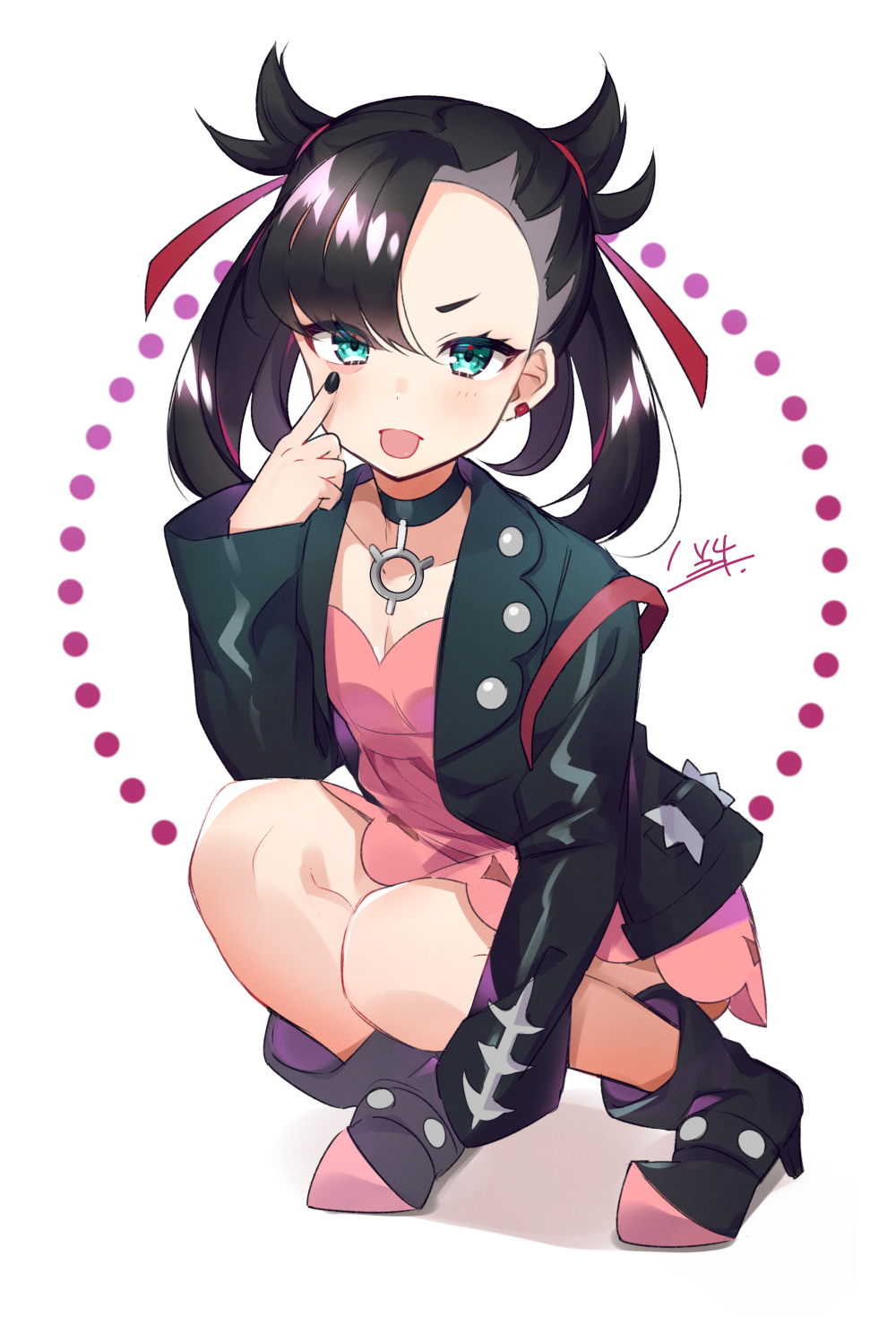 1girl, :p, akanbe, aqua_eyes, asymmetrical_bangs, black_boots, black_choker, black_hair