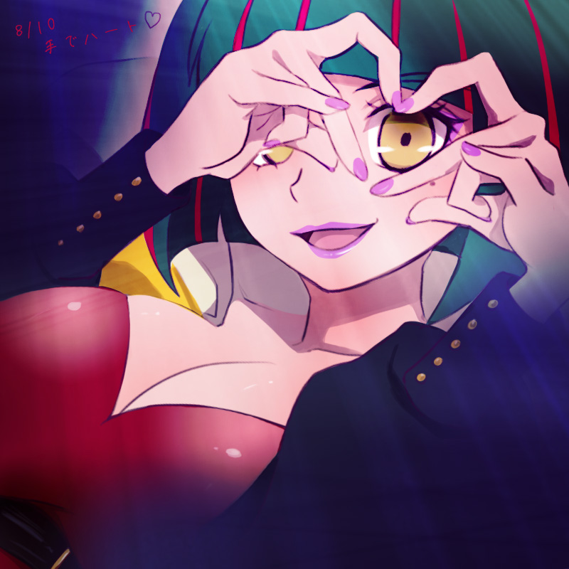 1girl, :d, bad_anatomy, black_hair, bob_cut, breasts, cleavage, dated, female_focus, gelos_(precure), hands_up, heart, heart_hands, hugtto!_precure, large_breasts, lipstick, long_sleeves, looking_at_viewer, makeup, multicolored_hair, nail_polish, nekoko_(nekonekonya), open_mouth, pink_nails, precure, red_hair, short_hair, smile, solo, two-tone_hair, upper_body, yellow_eyes