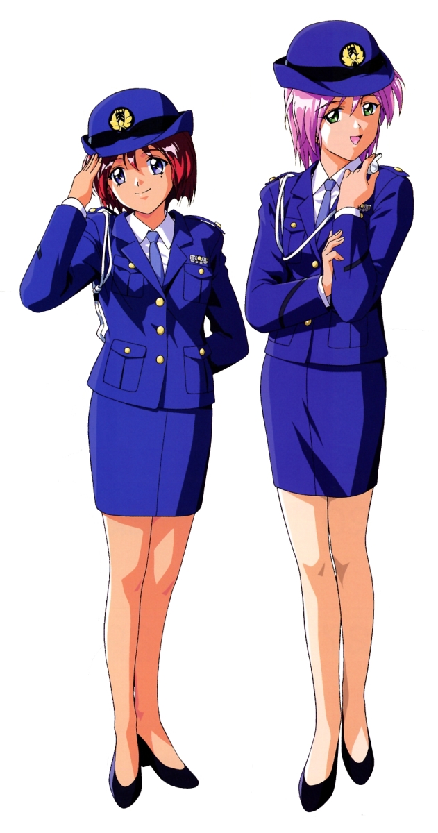 1990s_(style), 2girls, :d, black_footwear, blue_eyes, blue_necktie, blue_skirt, buttons