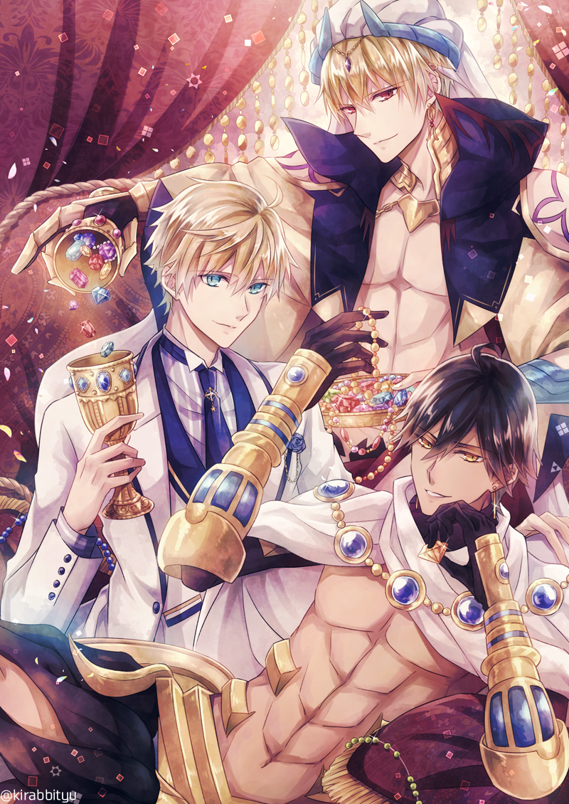 3boys, abs, ahoge, arthur_pendragon_(fate), arthur_pendragon_(white_rose)_(fate), bare_pectorals, black_gloves, black_hair, blonde_hair, blue_eyes, blue_neckwear, blue_vest, cape, chalice, closed_mouth, cup, curtains, earrings, fate/grand_order, fate_(series), formal_clothes, gem, gilgamesh, gilgamesh_(caster)_(fate), gilgamesh_(fate), gloves, jewelry, looking_at_viewer, male_focus, multiple_boys, necklace, necktie, ozymandias_(fate), pectorals, popped_collar, red_eyes, smile, suit, turban, twitter_username, vest, white_cape, white_suit, yellow_eyes, yuuzuki_lily