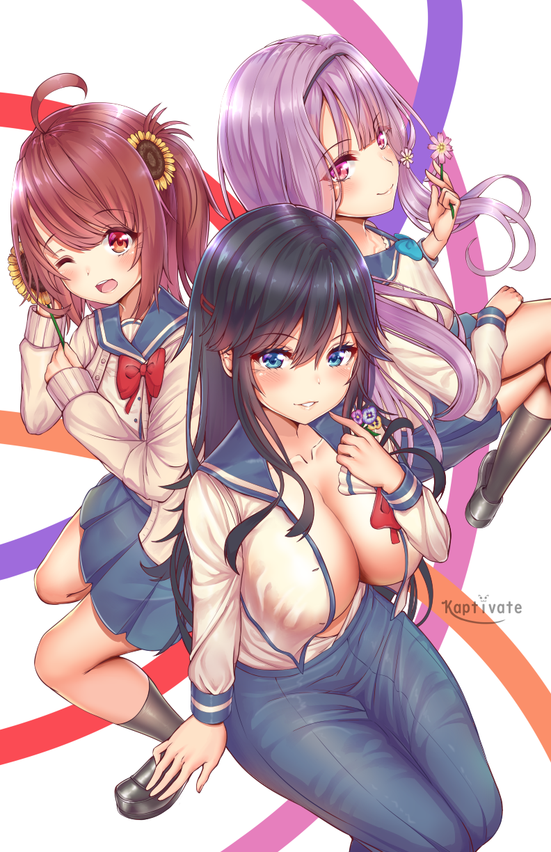 3girls, ahoge, akino_sakura_(oresuki), artist_name, black_hair, blue_eyes, blue_legwear, blue_skirt
