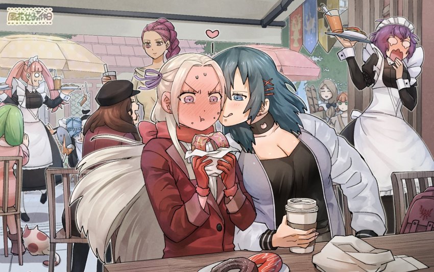 6+girls, alternate_costume, alternate_universe, annette_fantine_dominic, apron, backpack, bag, baguette