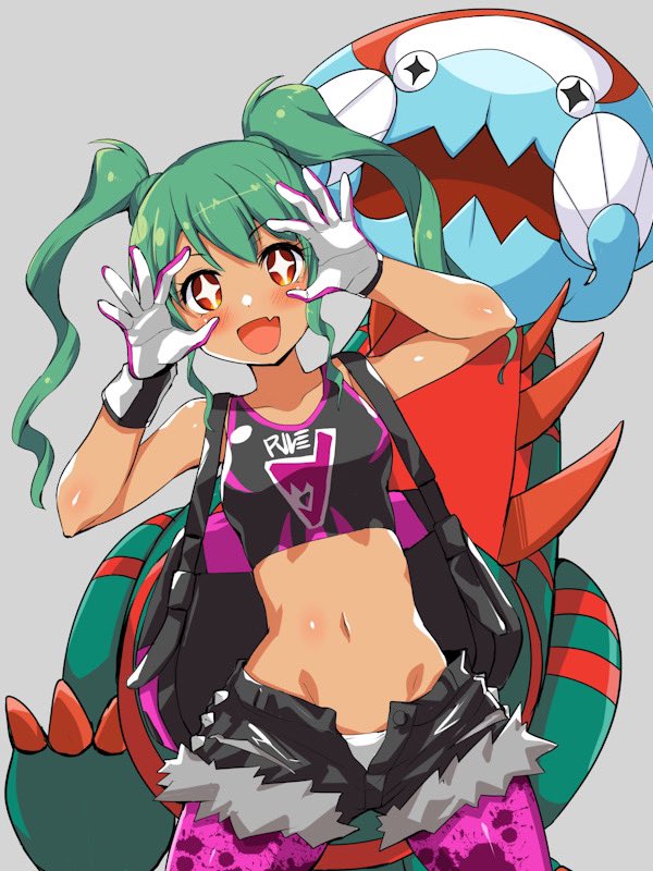 1girl, backpack, bag, crop_top, dracovish, edobox, fang, gen_8_pokemon