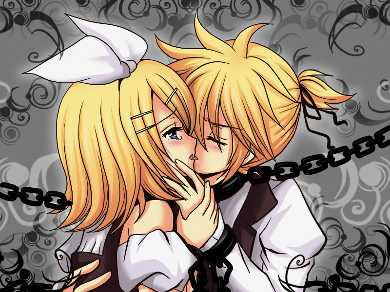 1boy, 1girl, blonde_hair, blue_eyes, brother_and_sister, cantarella, cantarella_(vocaloid), chain, collar, closed_eyes, hair_ornament, hair_ribbon, hairclip, hetero, incest, kagamine_len, kagamine_rin, kiss, ponytail, ribbon, saliva, short_hair, siblings, tears, twincest, twins, vocaloid, zashiki_usagi, zasikiusa